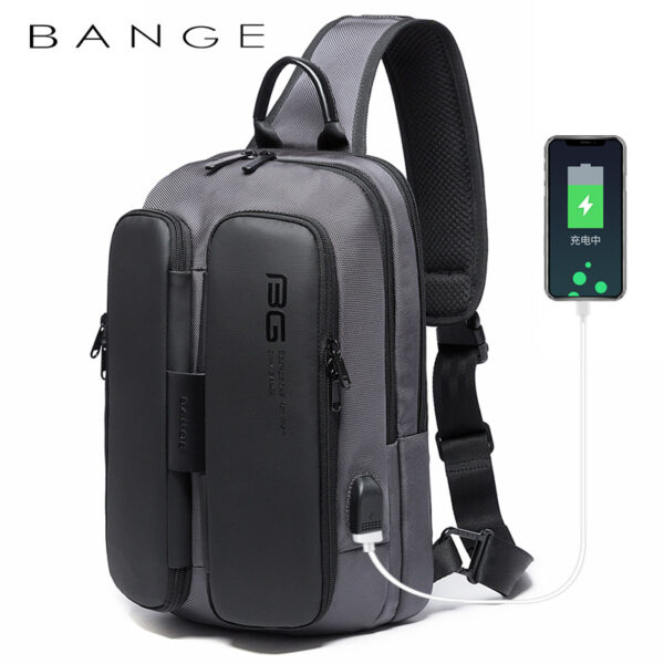 BANGE New Fashion Trend Leisure Outdoor Technology USB Cool Shoulder Bag Chest Bag for Men - immagine 3