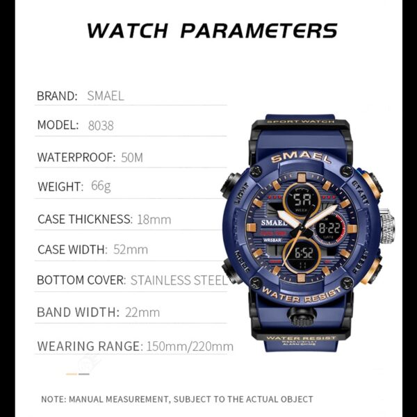 SMAEL 8038 Sport Watch Men Waterproof LED Digital Watches Stopwatch Big Dial Clock For Male 8038 relogio masculino Men Watches Quartz - immagine 4