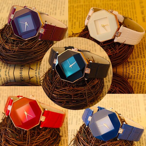 Women Watches Gem Cut Geometry Crystal Leather Quartz Wristwatch Fashion Dress Watch Ladies Gifts Clock Relogio Feminino 5 color - immagine 2
