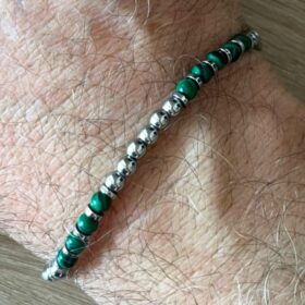 Braccialetto Uomo Acciaio con perline Verde scuro Striate
