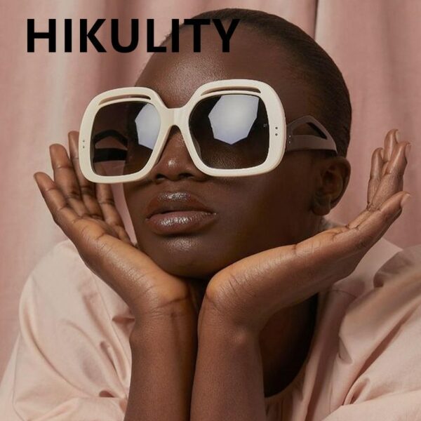 Vintage Oversized Square Rivet Sunglasses For Women New Fashion Brand Hollow Bend Leg Sun Glasses Female Elegant Beige Eyewear