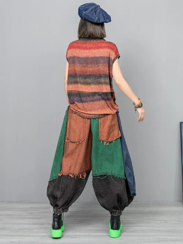 Patchwork Contrast Color Pocket Pant Stand Loose Ankle-length Pants Spring - immagine 2