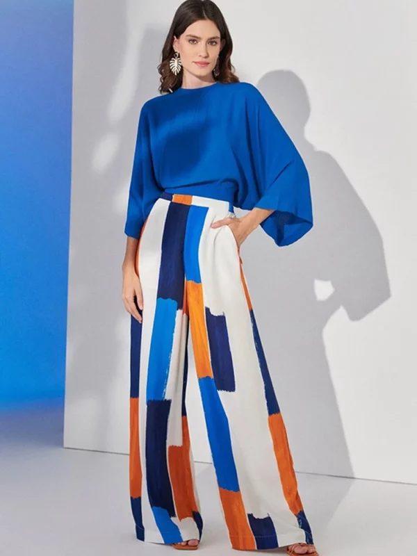 Casual Print Pants Loose Women Sets Batwing Sleeve Oversize Top High Waist Wide Leg Pant Female Suit  Spring Office Lady Set - immagine 5