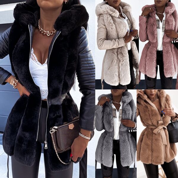 New faux fur jacket for women with belt and hood, solid color zippered jacket jacket - immagine 9