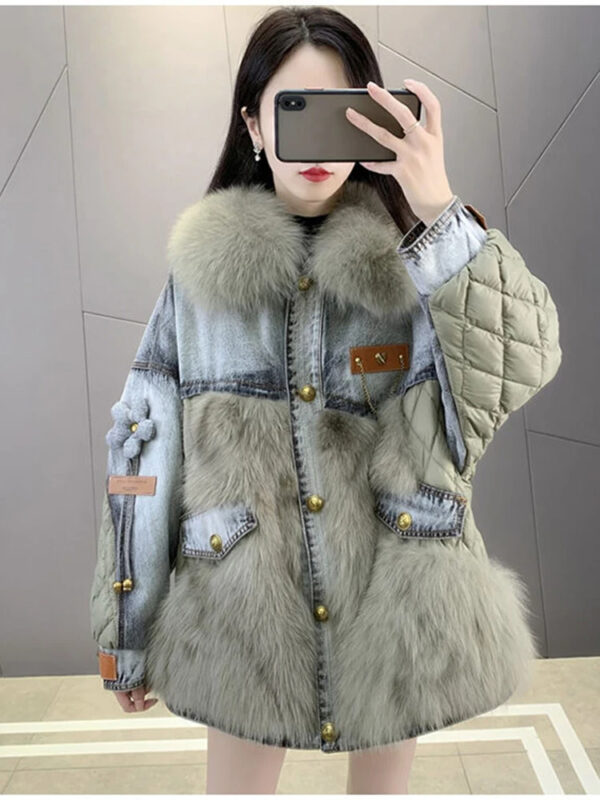Denim parka faux mink jacket medium length cotton jacket - immagine 6