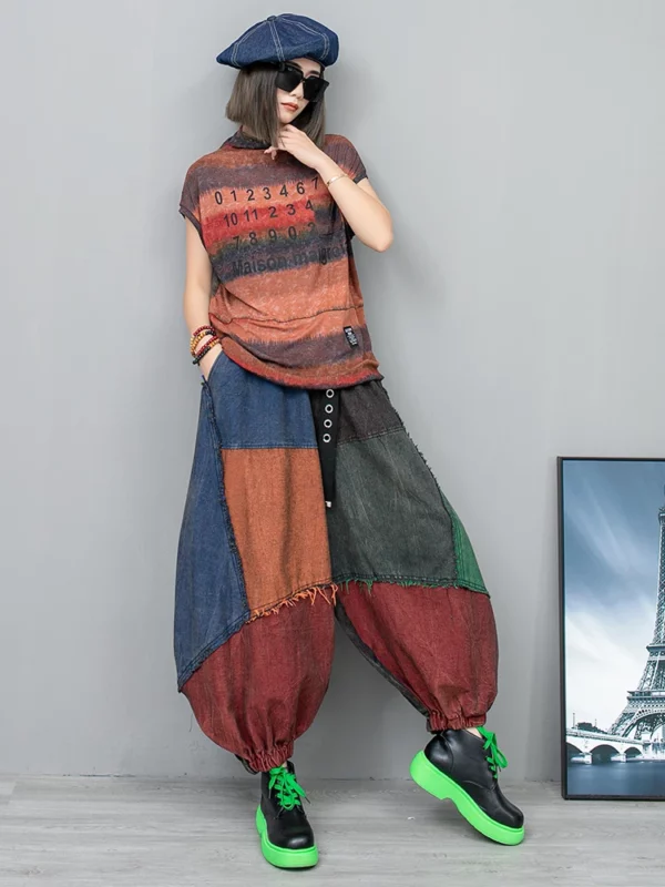 Patchwork Contrast Color Pocket Pant Stand Loose Ankle-length Pants Spring - immagine 4