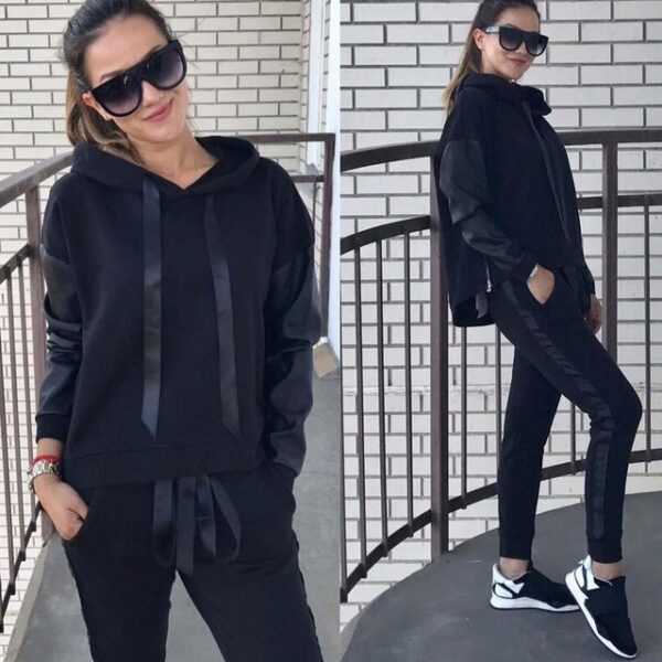 Women's Sets Sportwear Sleeve Joints PU Suits Side Split Zippers Design Hooded Sweatshirt Pant Tracksuit - immagine 3