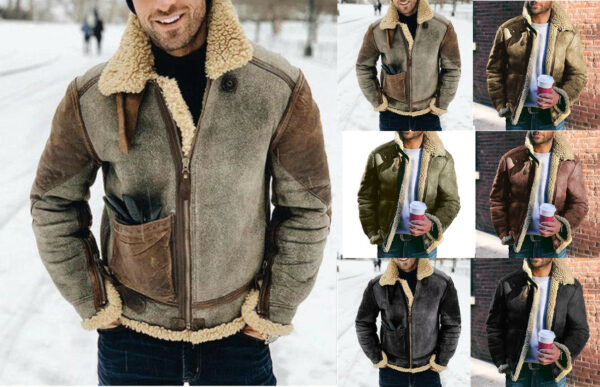 Faux Leather Men's Jacket Winter Warm Jacket Thicken Large Lapel Contrast Color Jacket - immagine 3