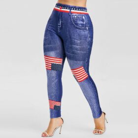 Women High Waist long Pants Plus Size 3D Jean Print American Flag Leggings Casual Pant Legging Athletic