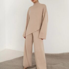Office Elegant Pant Sets Turtleneck Irregular Sweater Outfit Autumn Winter 2 Piece High Waist Wide Leg Pant Suit Women
