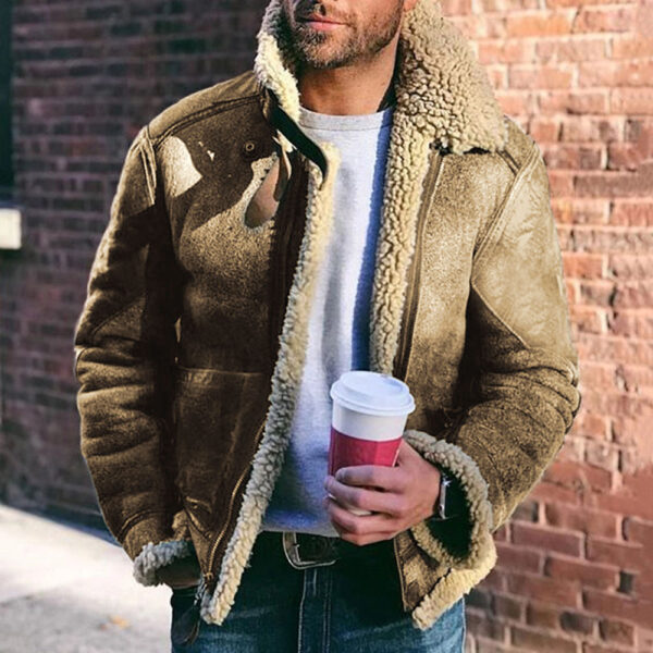 Faux Leather Men's Jacket Winter Warm Jacket Thicken Large Lapel Contrast Color Jacket - immagine 4