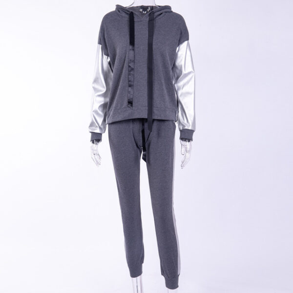Women's Sets Sportwear Sleeve Joints PU Suits Side Split Zippers Design Hooded Sweatshirt Pant Tracksuit - immagine 6