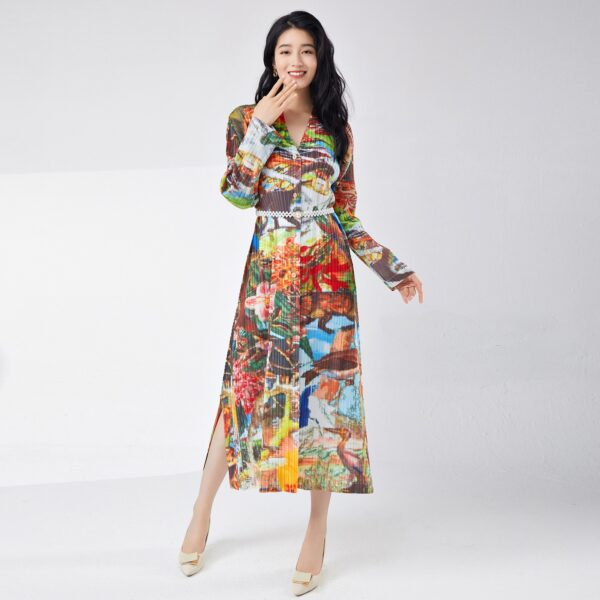 Spring women's printed single breasted slit dress with fashionable temperament cardigan medium length skirt - immagine 2
