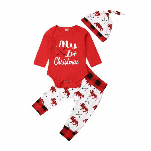 Lovely Baby Boy My First Christmas Letter Romper Kids T-Shirts Pant Newborn Hat Outfits Girl Xmas Set Autumn Clothing 2PCS Sets - immagine 3