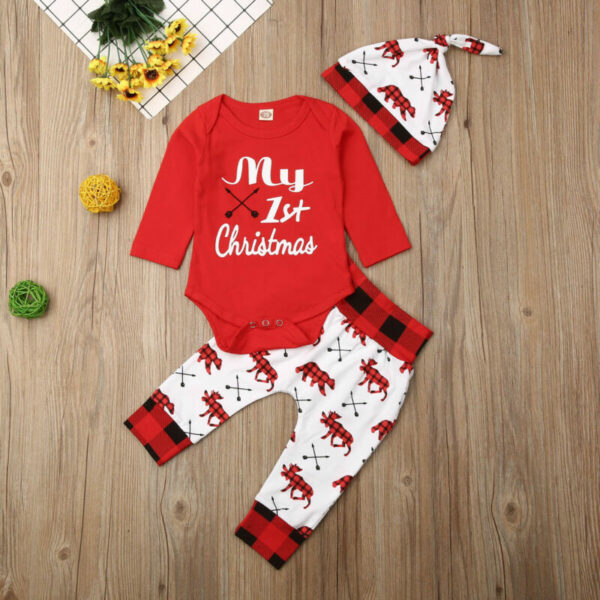 Lovely Baby Boy My First Christmas Letter Romper Kids T-Shirts Pant Newborn Hat Outfits Girl Xmas Set Autumn Clothing 2PCS Sets - immagine 4