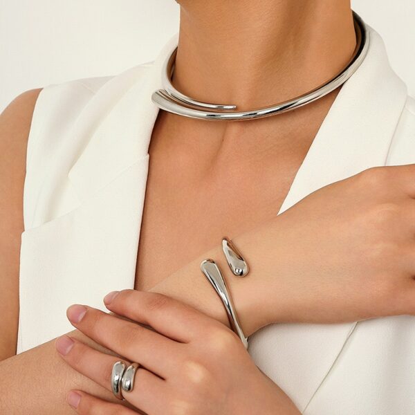 Simple heavy metal temperament geometric circular smooth surface women's collar bracelet ring jewelry - immagine 11