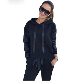 Women's Sets Sportwear Sleeve Joints PU Suits Side Split Zippers Design Hooded Sweatshirt Pant Tracksuit