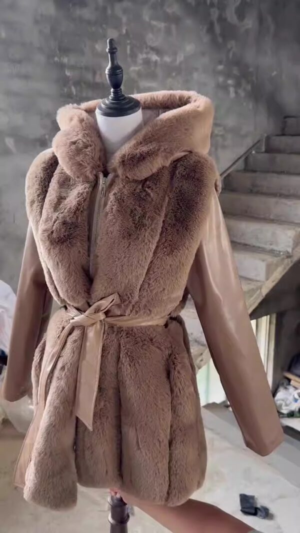 New faux fur jacket for women with belt and hood, solid color zippered jacket jacket - immagine 10