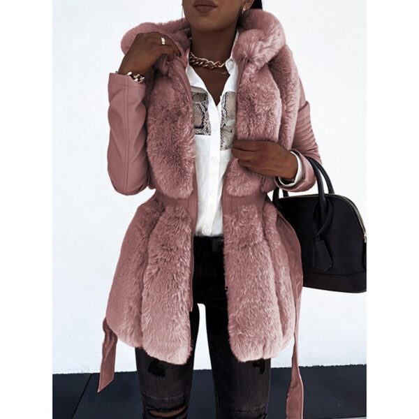 New faux fur jacket for women with belt and hood, solid color zippered jacket jacket - immagine 3