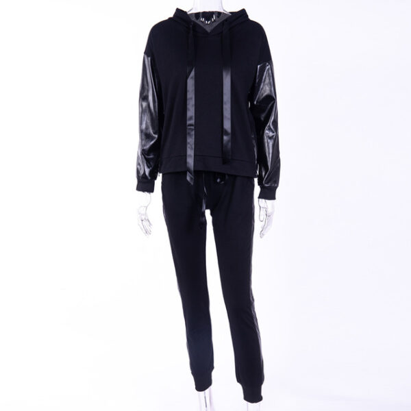 Women's Sets Sportwear Sleeve Joints PU Suits Side Split Zippers Design Hooded Sweatshirt Pant Tracksuit - immagine 5