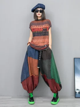 Patchwork Contrast Color Pocket Pant Stand Loose Ankle-length Pants Spring