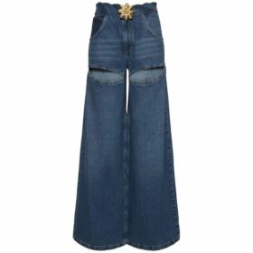 Fashion Women's Denim Pant Fried Dough Twist Kink Hollow Out Metal Flower Floor-length Blue Jeans Autumn