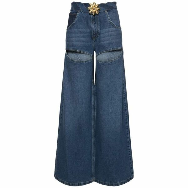 Fashion Women's Denim Pant Fried Dough Twist Kink Hollow Out Metal Flower Floor-length Blue Jeans Autumn