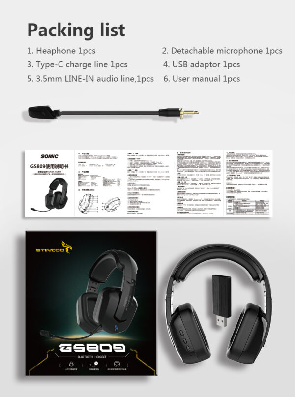 Somic GS809 Headset 2.4G Wireless Bluetooth Gaming Headset Good Sound Quality Headset - immagine 6