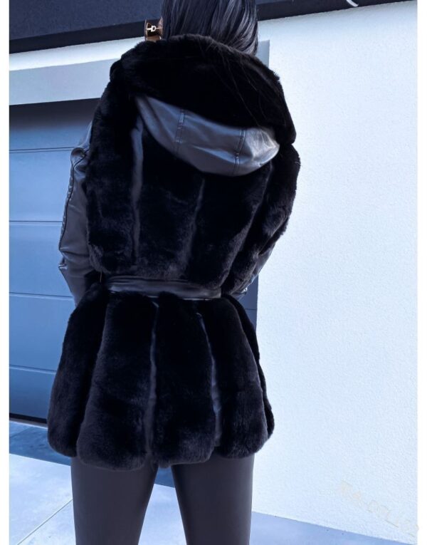 New faux fur jacket for women with belt and hood, solid color zippered jacket jacket - immagine 6