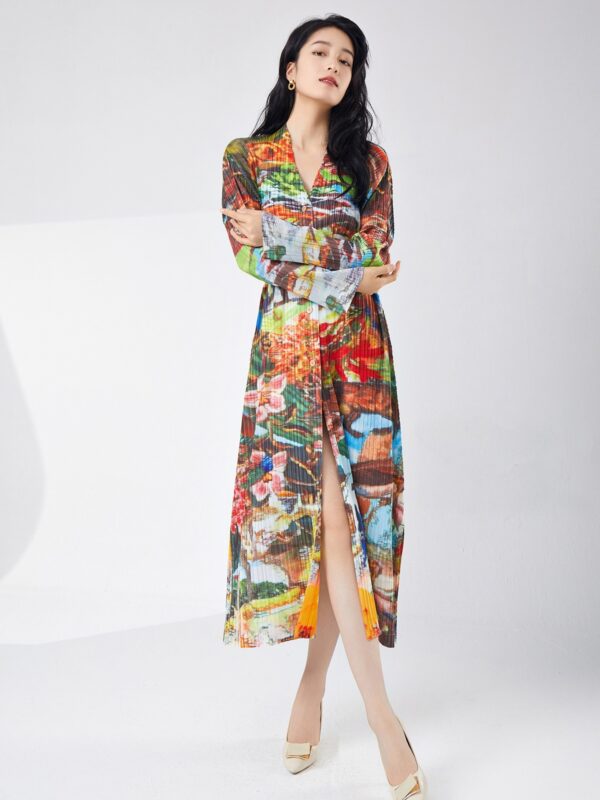 Spring women's printed single breasted slit dress with fashionable temperament cardigan medium length skirt - immagine 5