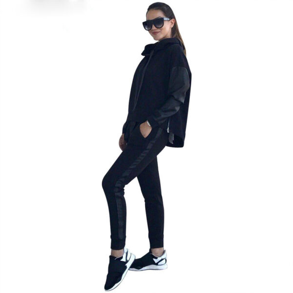 Women's Sets Sportwear Sleeve Joints PU Suits Side Split Zippers Design Hooded Sweatshirt Pant Tracksuit - immagine 2