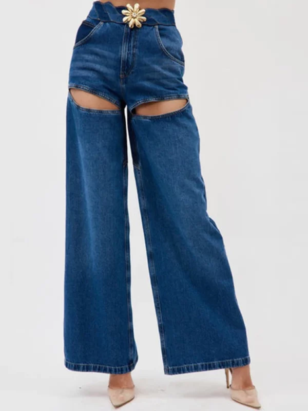 Fashion Women's Denim Pant Fried Dough Twist Kink Hollow Out Metal Flower Floor-length Blue Jeans Autumn - immagine 6
