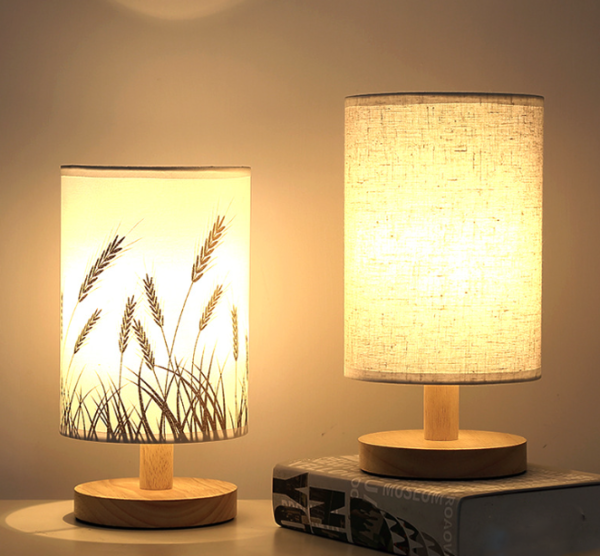 Linen Table Lamp LED Linen Night Lamp w/Warm White Light Linen Nightstand Lamp USB Powered Wooden Beside Lamp - immagine 2