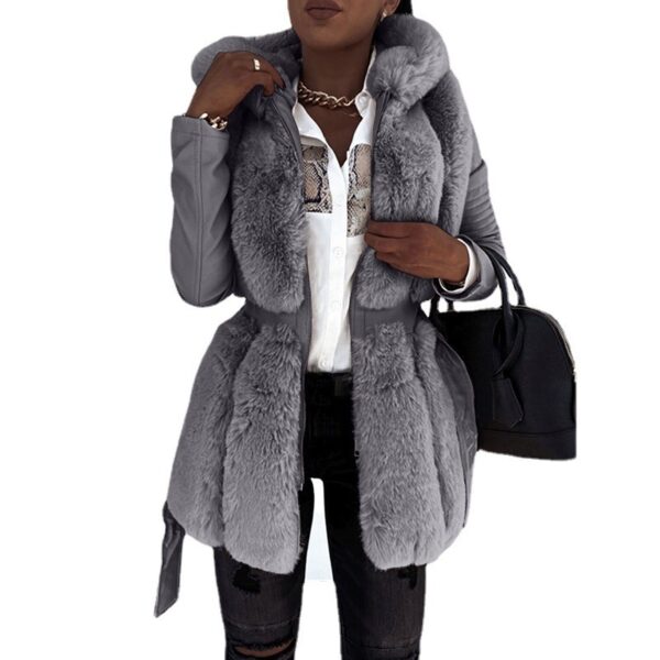 New faux fur jacket for women with belt and hood, solid color zippered jacket jacket - immagine 5