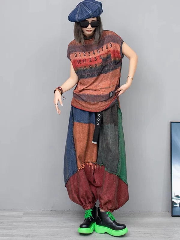 Patchwork Contrast Color Pocket Pant Stand Loose Ankle-length Pants Spring - immagine 5