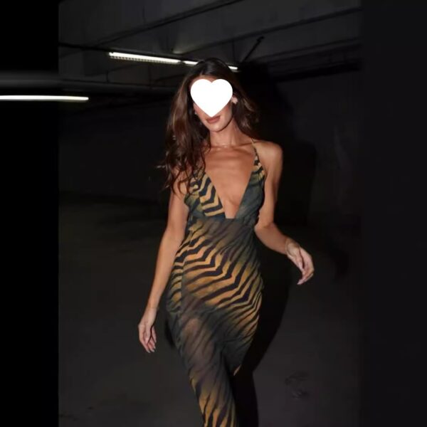Chiffon printed sexy leopard print hanging strap backless buttocks long skirt - immagine 6