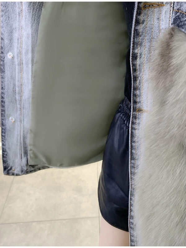 Denim parka faux mink jacket medium length cotton jacket - immagine 5