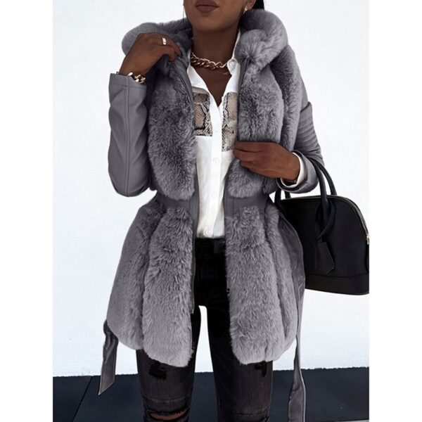 New faux fur jacket for women with belt and hood, solid color zippered jacket jacket - immagine 2