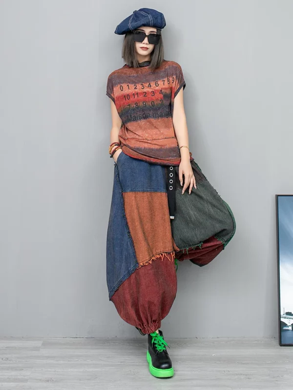Patchwork Contrast Color Pocket Pant Stand Loose Ankle-length Pants Spring - immagine 3