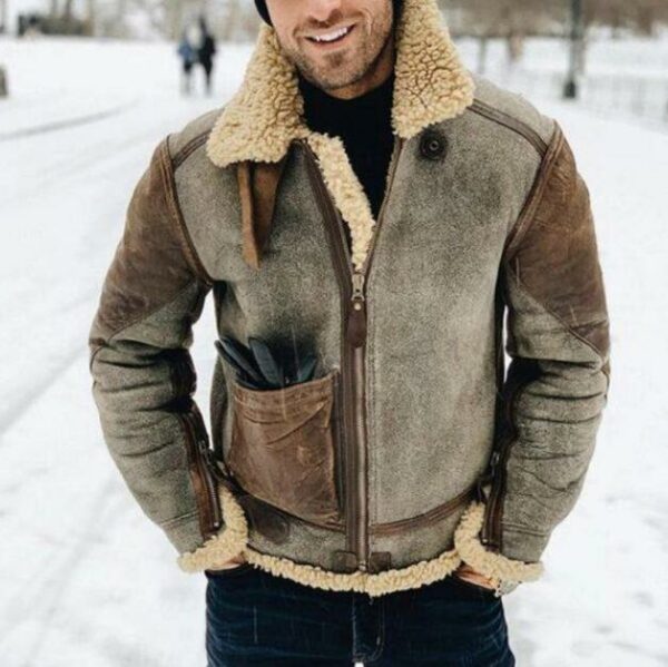 Faux Leather Men's Jacket Winter Warm Jacket Thicken Large Lapel Contrast Color Jacket - immagine 9