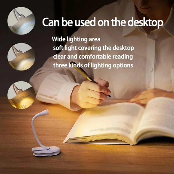 Book Light Reading Lights for Books in Bed Led Book Night Lamp Rechargeable 3 Color Stepless Brightness Clip on Reading Lamp - immagine 5