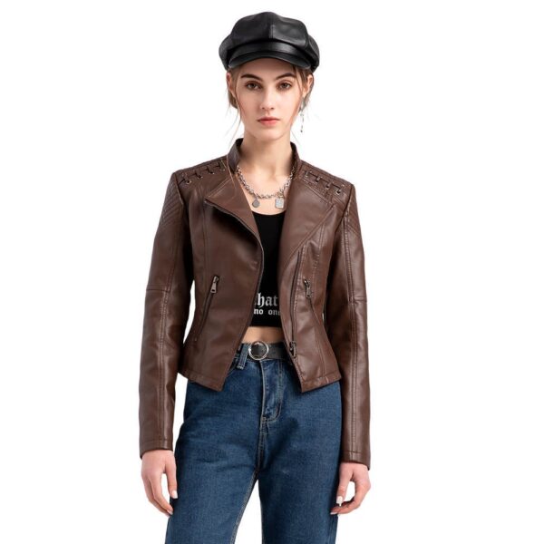 Women's leather jacket, women's short jacket, slim fit, thin leather jacket, women's motorcycle jacket - immagine 13