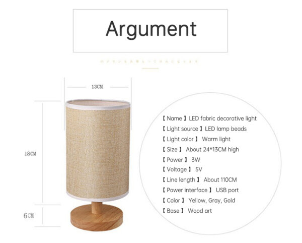 Linen Table Lamp LED Linen Night Lamp w/Warm White Light Linen Nightstand Lamp USB Powered Wooden Beside Lamp - immagine 4