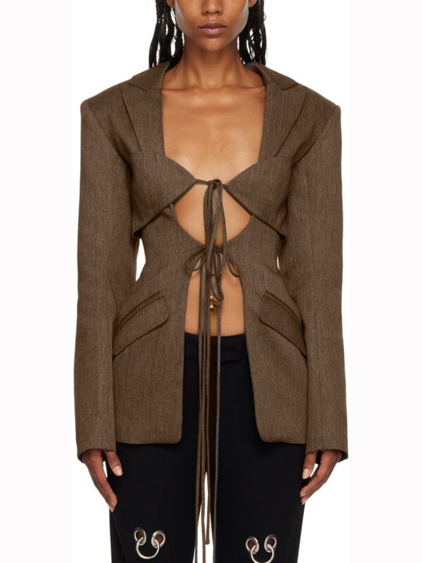 V-neck tie with hollow waist irregular splicing design stylish suit jacket for women - immagine 4