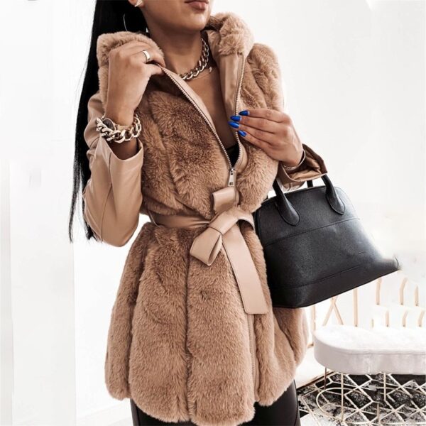 New faux fur jacket for women with belt and hood, solid color zippered jacket jacket - immagine 4