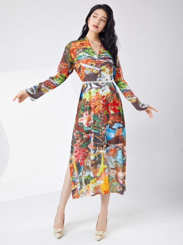 Spring women's printed single breasted slit dress with fashionable temperament cardigan medium length skirt - immagine 7