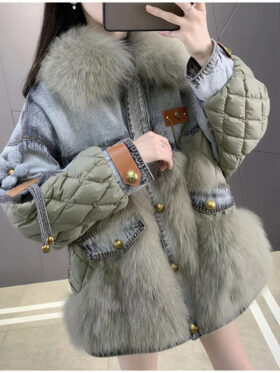 Denim parka faux mink jacket medium length cotton jacket