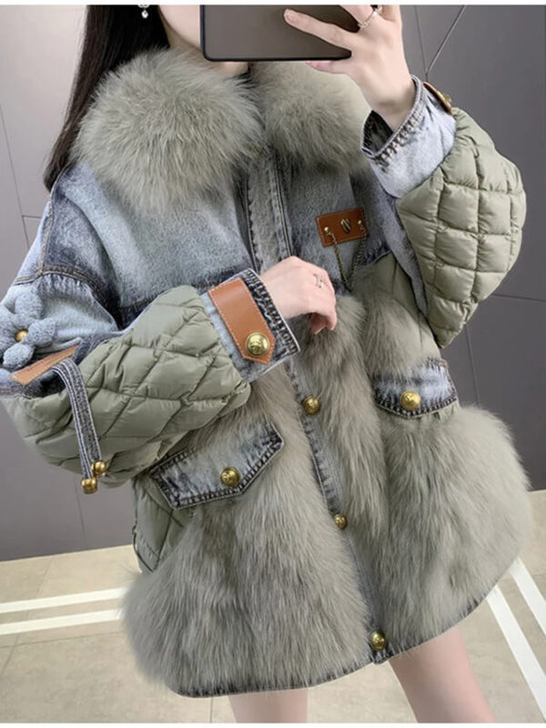 Denim parka faux mink jacket medium length cotton jacket
