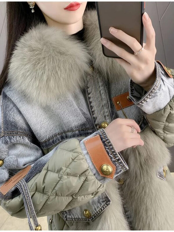 Denim parka faux mink jacket medium length cotton jacket - immagine 4