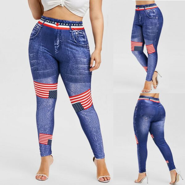 Women High Waist long Pants Plus Size 3D Jean Print American Flag Leggings Casual Pant Legging Athletic - immagine 4